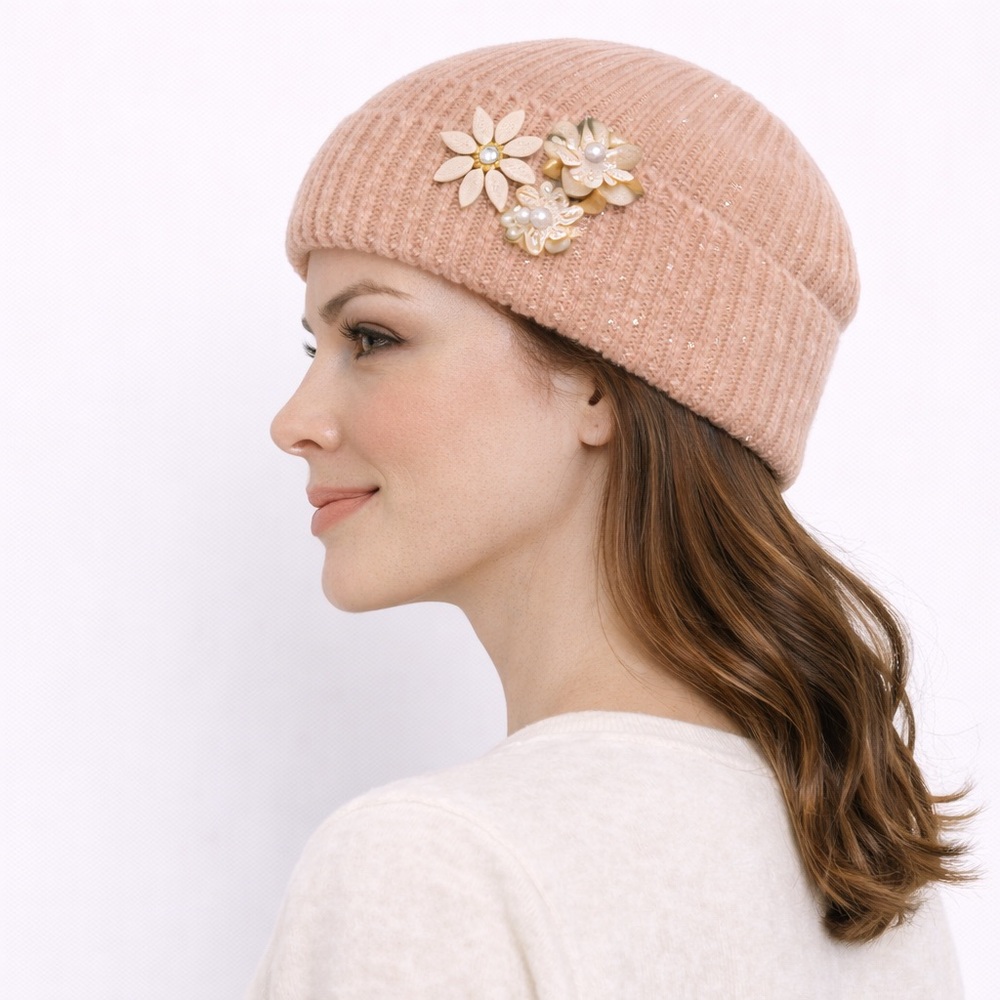 H&M Powder pink Knit Beanie With Floral Crystal Embellishments Womens Winter Hat